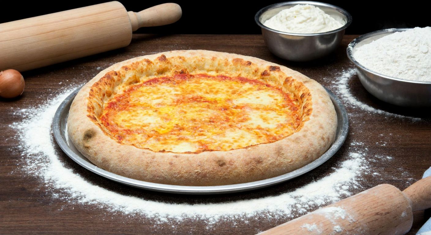 A warm, golden-brown canteen pizza with a thick, fluffy crust sits on a metal tray, surrounded by scattered flour and a bowl of dough rising near a wooden rolling pin in a bustling Turkish school cafeteria.