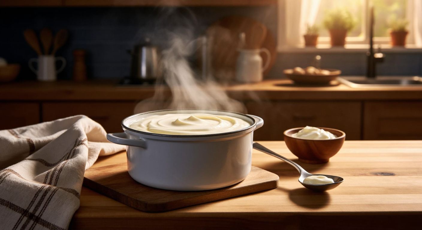 A warm, creamy pot of Jersey milk yogurt resting on a wooden kitchen counter in Turkey, with a traditional woven cloth covering it, steam gently rising, and a spoon dipped in nearby.