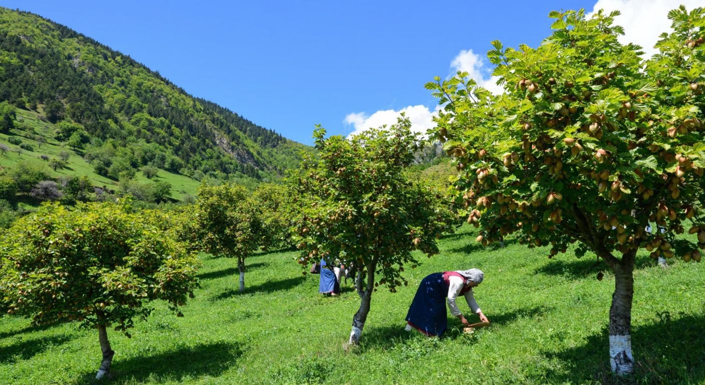A lush green hillside in Giresun, Turkey, dotted with hazelnut trees bearing plump Tombul hazelnuts, under a bright blue sky with farmers in traditional attire harvesting the nuts.
