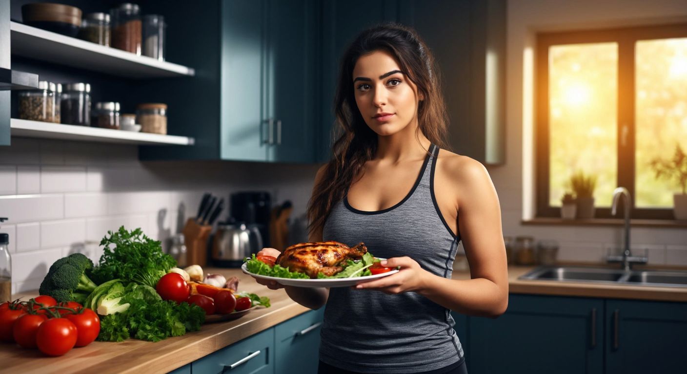 A Turkish woman in workout clothes stands in a bright kitchen, holding a plate of fresh vegetables and grilled chicken while glancing at a digital scale, with determination in her eyes.