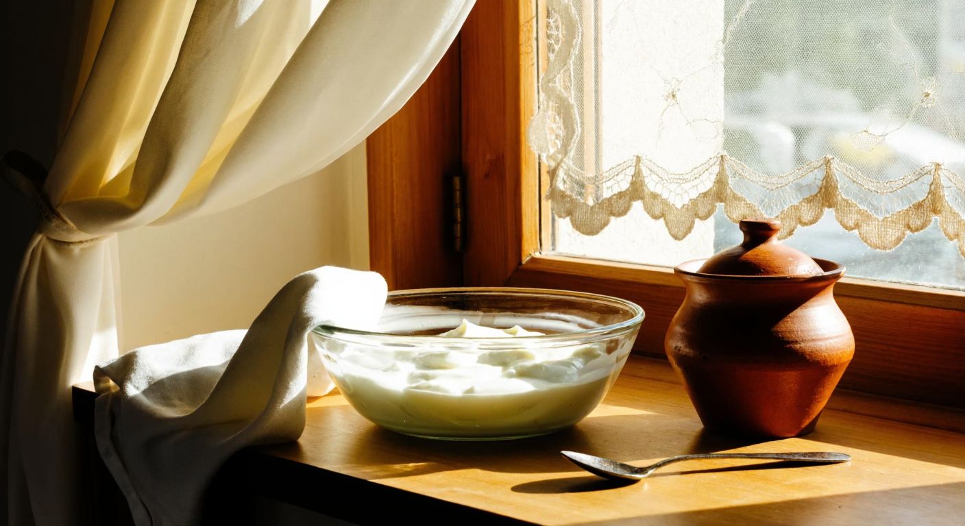 A warm Turkish kitchen with a glass bowl of creamy white yogurt covered by a clean cloth, resting on a wooden counter beside a traditional ceramic pot and a spoon, with soft sunlight streaming through a lace-curtained window.