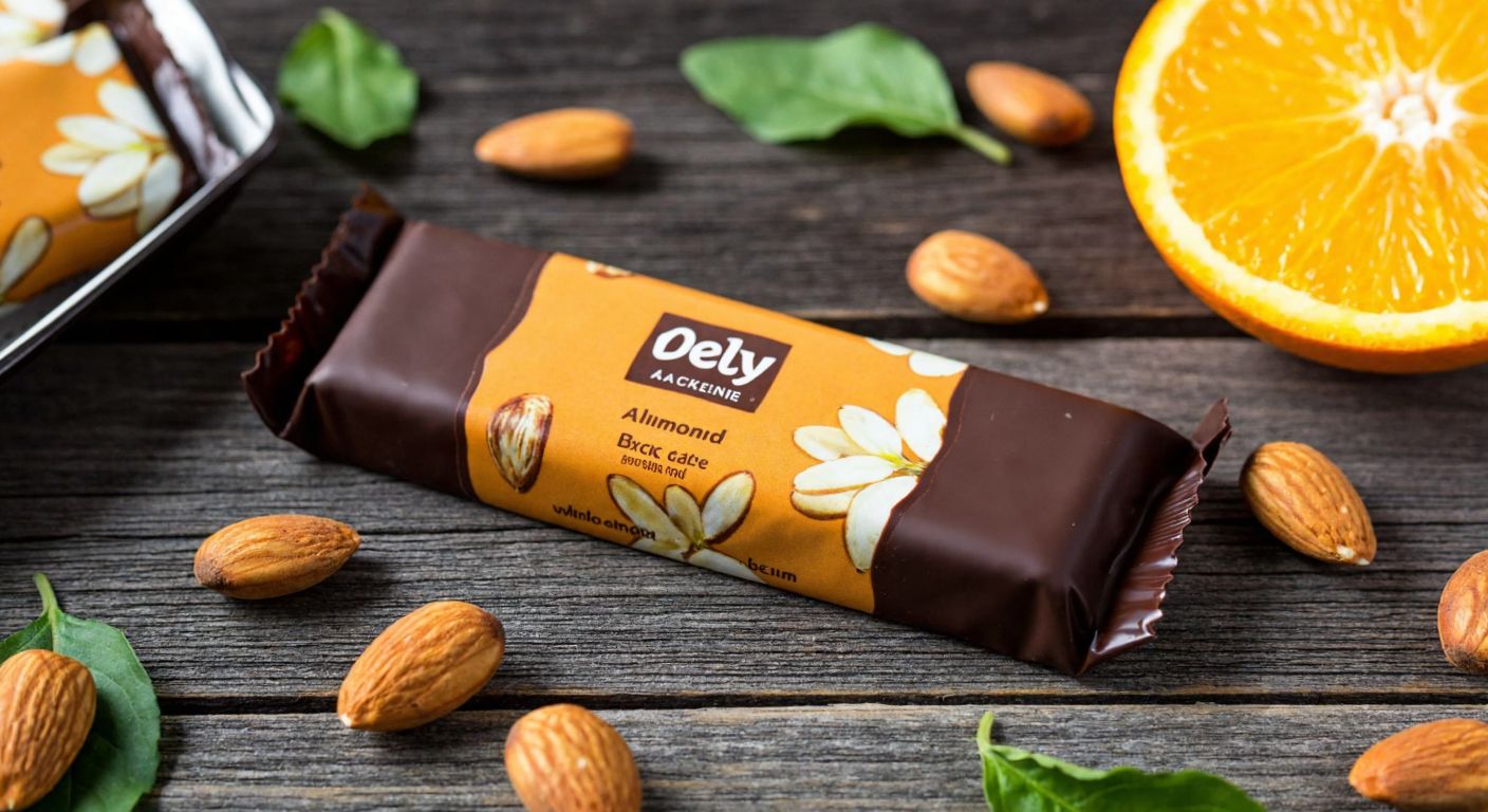 A vibrant, close-up image of a Delly chocolate-covered almond bar resting on a rustic wooden table, surrounded by fresh almonds and a sliced orange, evoking a sense of natural, wholesome indulgence.