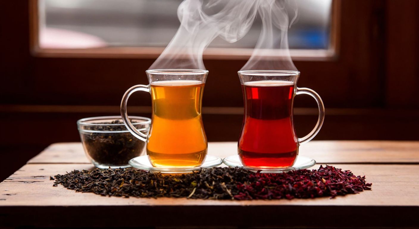 A rustic wooden table in a Turkish tea house holds two steaming glasses of tea—one with a light amber hue (Turkish black tea) and the other with a deep reddish-brown tint (export black tea), surrounded by loose tea leaves from Rize and foreign plantations.