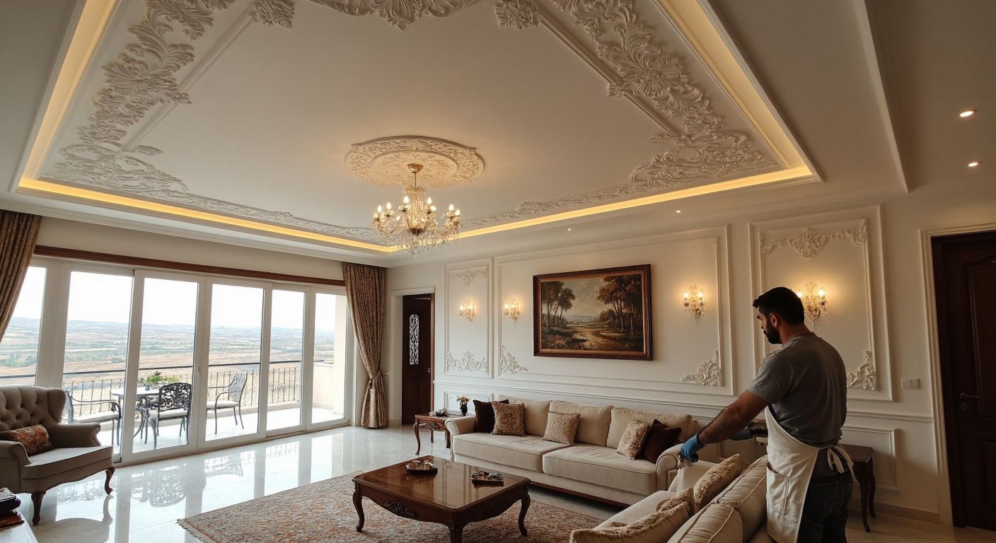 A well-lit Turkish living room with a high ceiling adorned with elegant, textured alçı kartonpiyer molding in intricate floral patterns, contrasting against smooth white walls, while a craftsman in a dusty apron carefully installs a lightweight polistren kartonpiyer section nearby.