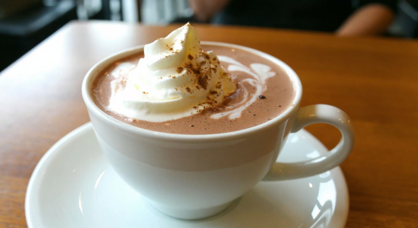A steaming cup of rich hot chocolate topped with a swirl of whipped cream, sprinkled with cinnamon, nutmeg, and a hint of black pepper, resting on a wooden table in a cozy Turkish café.