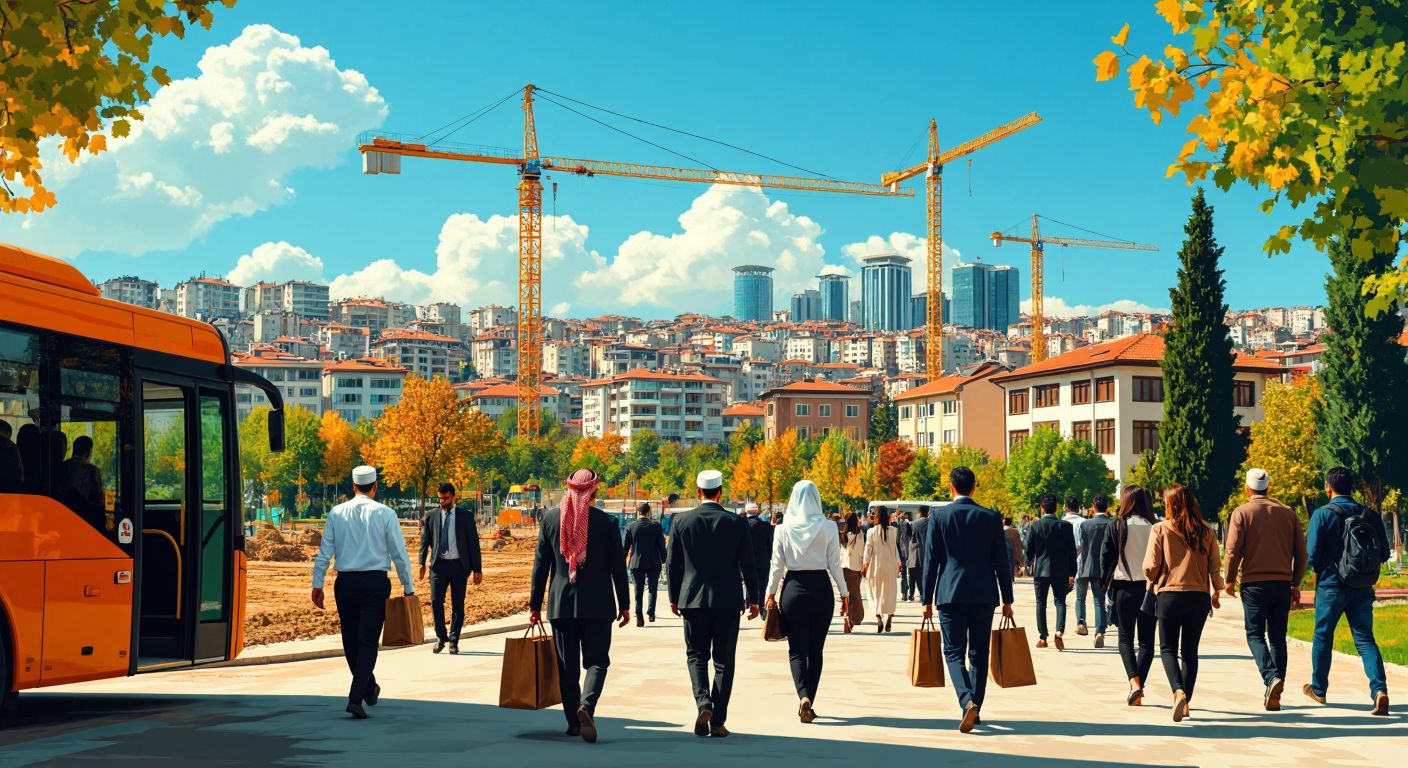 A bustling Turkish cityscape with construction cranes in the background, farmers in traditional attire boarding a bus to the city, and young professionals in business attire walking past a university campus, all under a bright sun symbolizing economic growth.