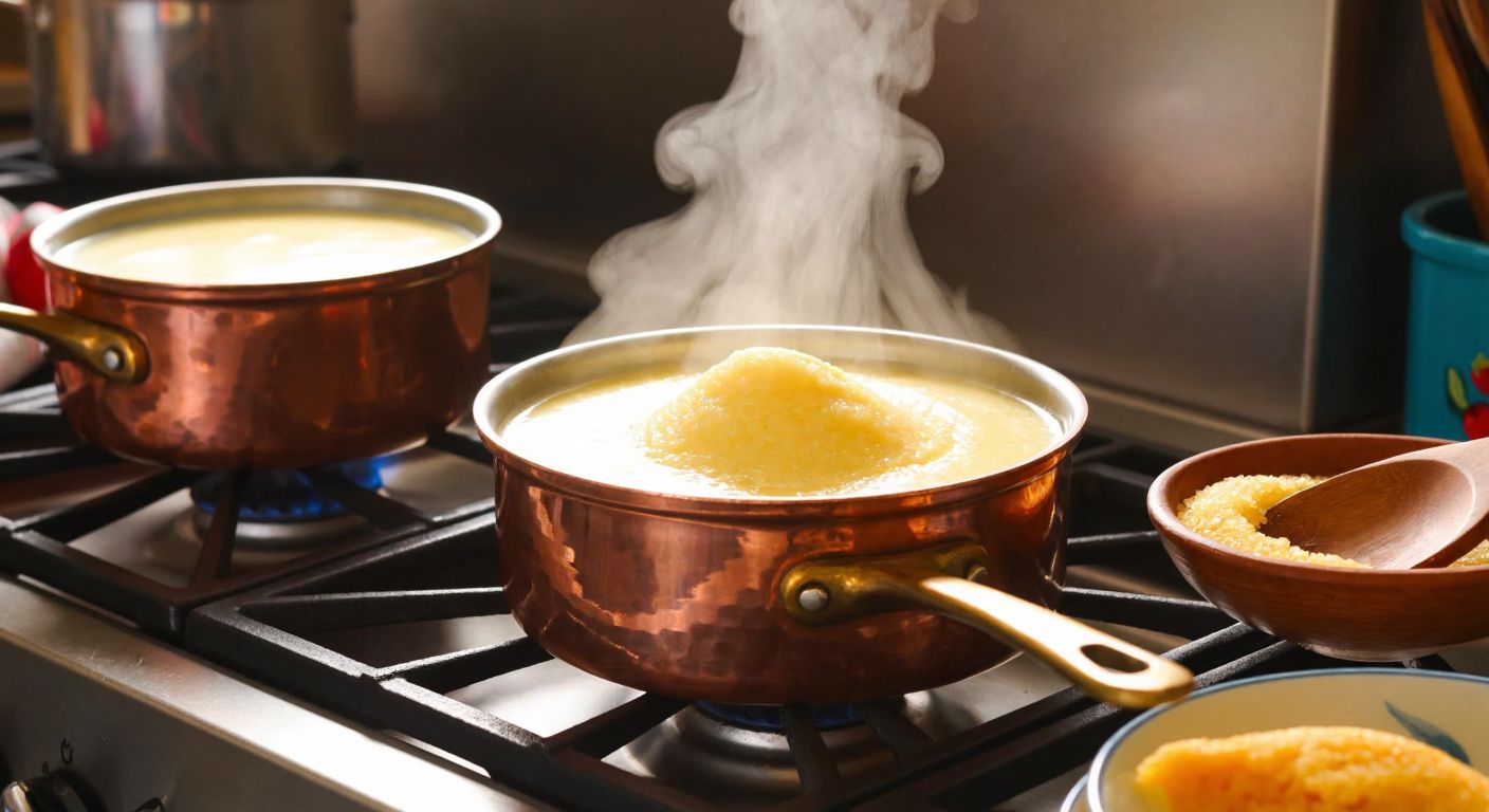 A warm Turkish kitchen with a copper pot simmering on a stove, golden irmik (semolina) being stirred with creamy milk, steam rising gently, and a wooden spoon resting nearby.