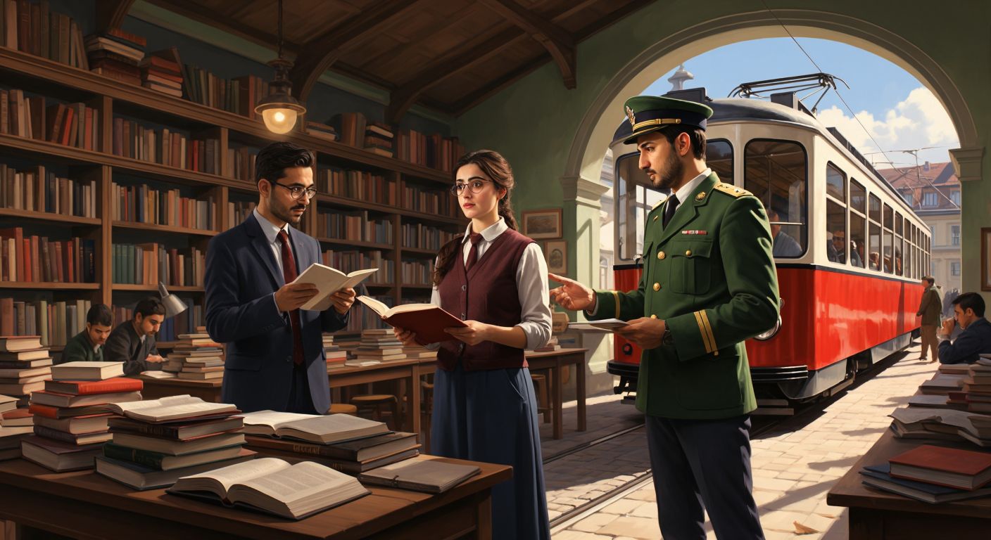 A puzzled Turkish person in a library flipping through books, while a teacher in a classroom explains a lesson and a Swiss tram driver in uniform stands beside a tram.