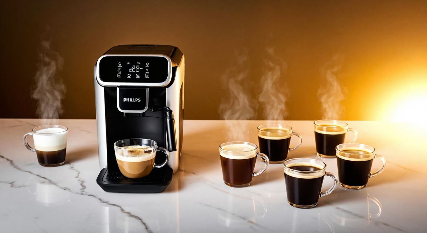 A sleek Philips 4300 LatteGo coffee machine sits on a marble countertop, surrounded by eight steaming cups of different coffee varieties, with a warm golden light reflecting off the surfaces.