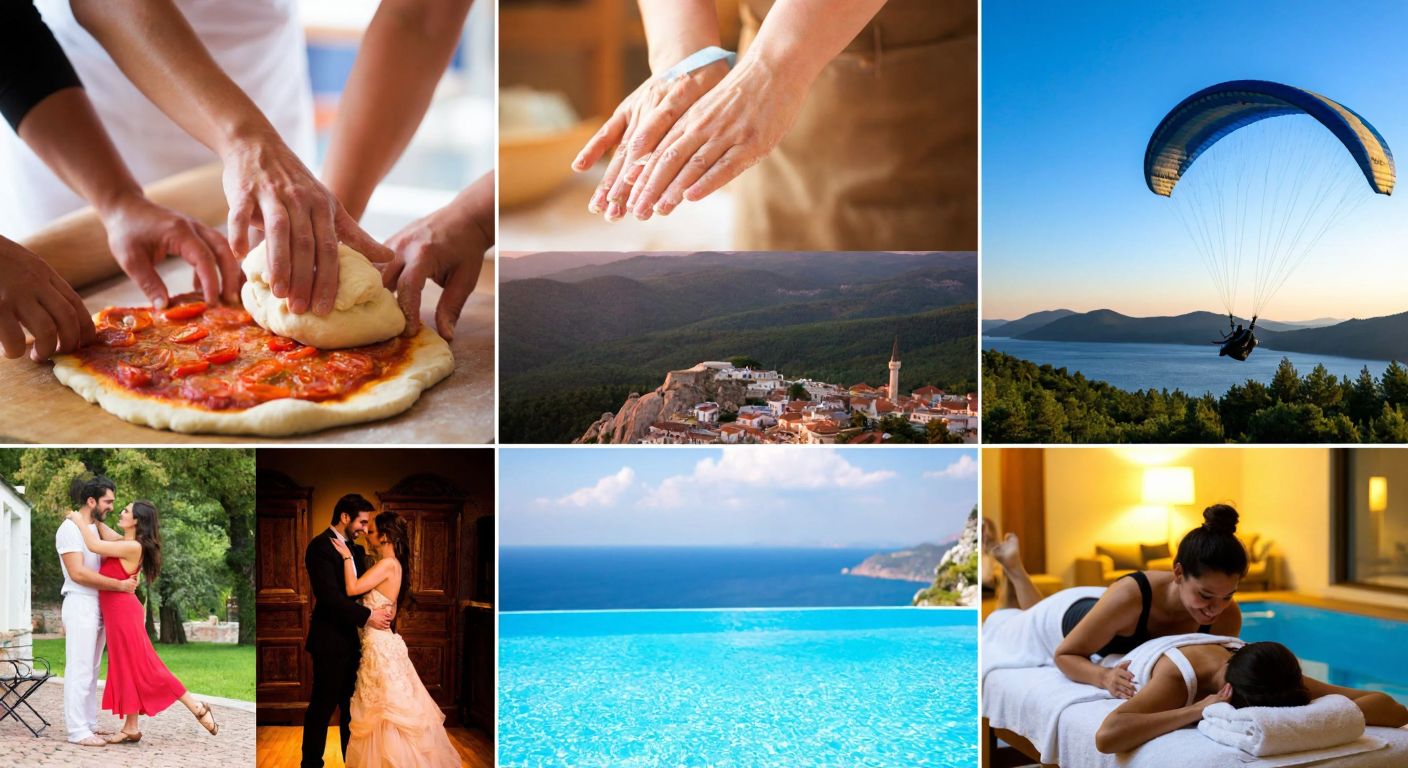 A vibrant collage of hands kneading dough for pizza, a person gliding through the air with a paraglider, a couple dancing tango under warm lights, and a serene spa scene with a massage in progress—all set against a backdrop of Turkey’s coastal beauty.