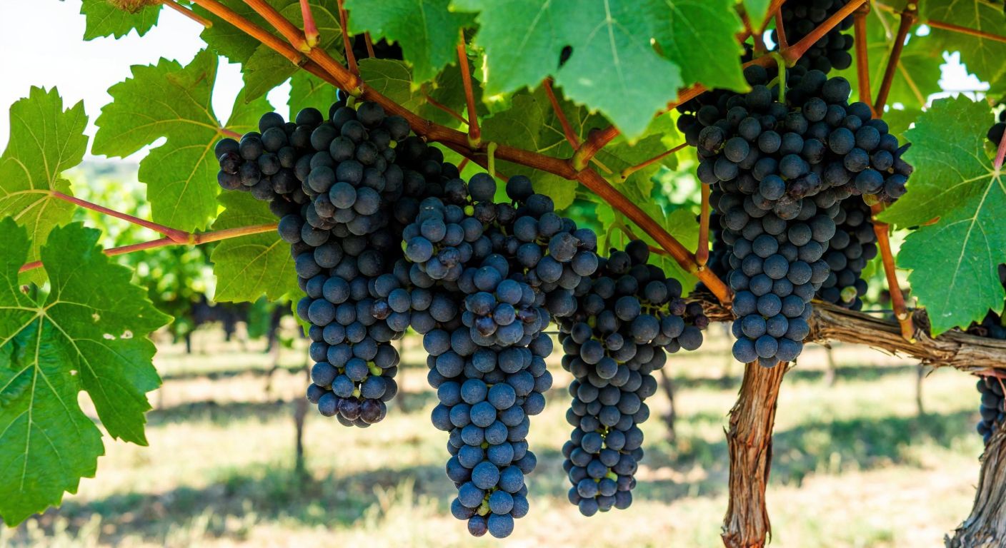 A lush grapevine with a single stem bearing a dense cluster of around a hundred plump, purple grapes, glistening under the warm Turkish sun.