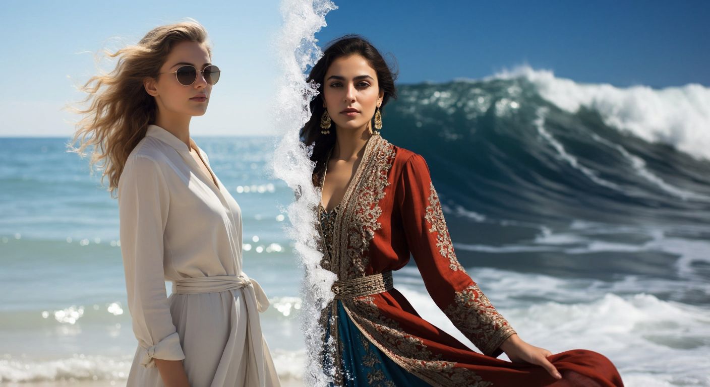 A split-image with a stylish Danish woman in minimalist fashion on one side and a Turkish woman in elegant traditional clothing on the other, separated by a shimmering ocean wave.