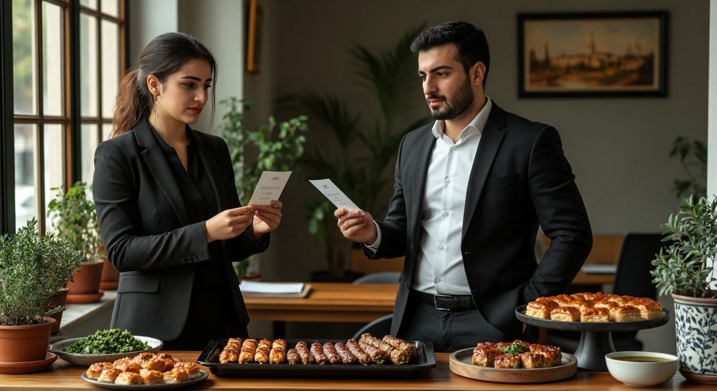 A Turkish employer in a business suit thoughtfully holding a meal card while a worker in casual attire looks on expectantly in a simple office setting with a tray of traditional Turkish dishes like kebabs and baklava nearby.