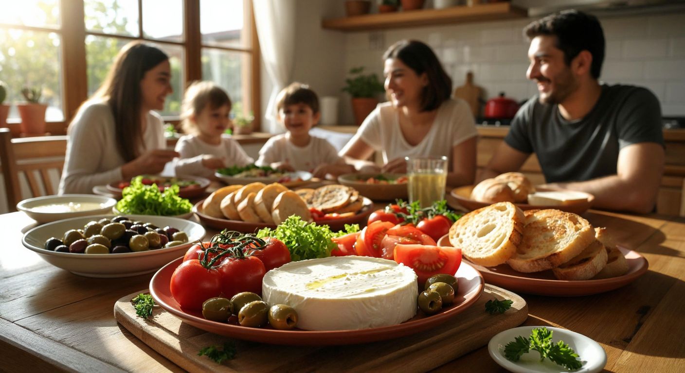 A Turkish breakfast table with a plate of creamy Muratbey cheese, fresh tomatoes, olives, and warm bread, surrounded by a sunlit kitchen and a smiling family enjoying the meal.
