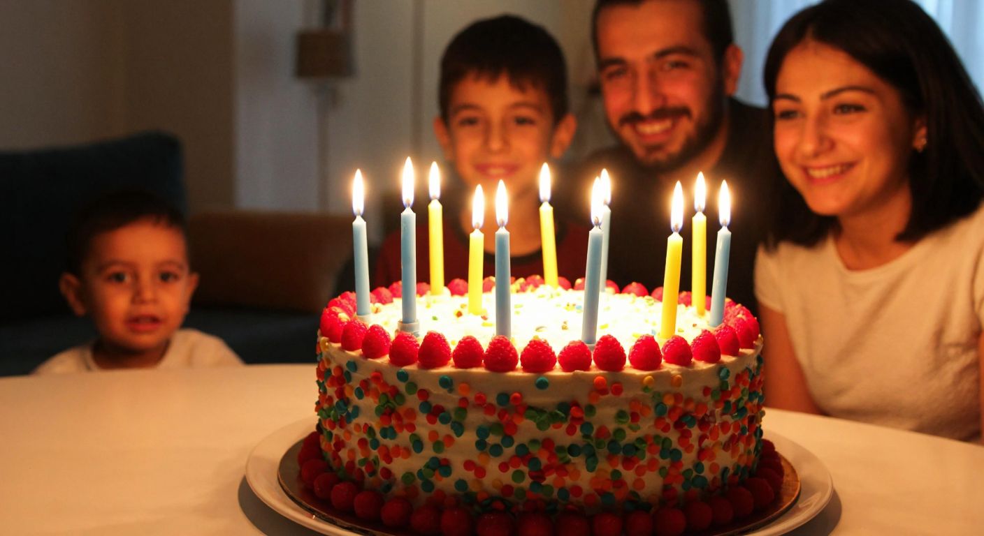A colorful birthday cake topped with small, flickering candles, surrounded by a warm glow in a cozy Turkish home setting, with a family smiling in anticipation.