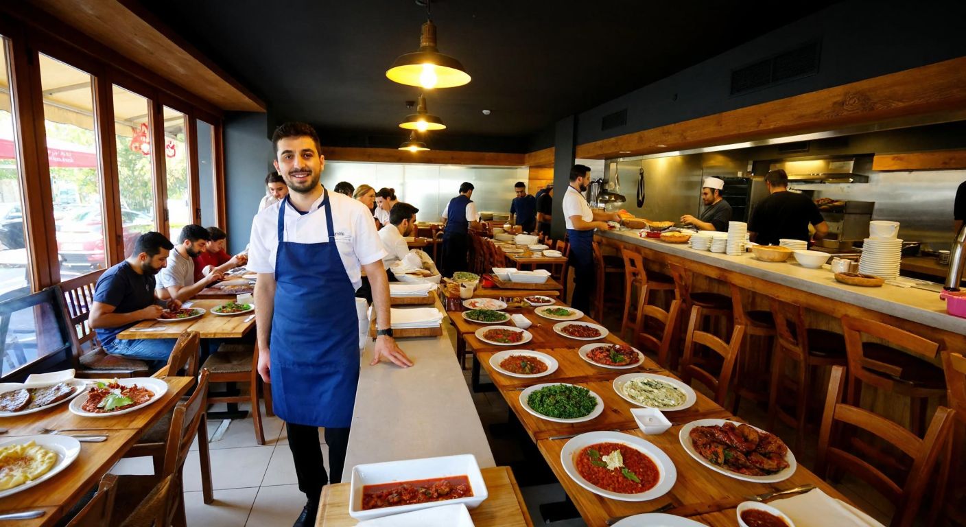 A bustling restaurant in Lefkoşa with warm lighting, wooden tables topped with steaming plates of Turkish dishes, and smiling chefs in aprons preparing fresh dough behind a counter.
