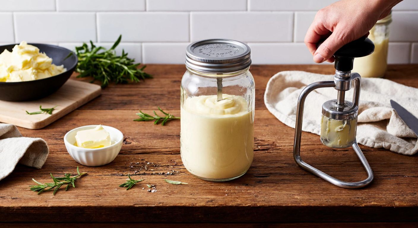A rustic wooden kitchen counter with a clear Kilner butter churn jar filled with thick cream, a hand turning its manual crank, and fresh butter forming inside, surrounded by scattered herbs and a small bowl of buttermilk.