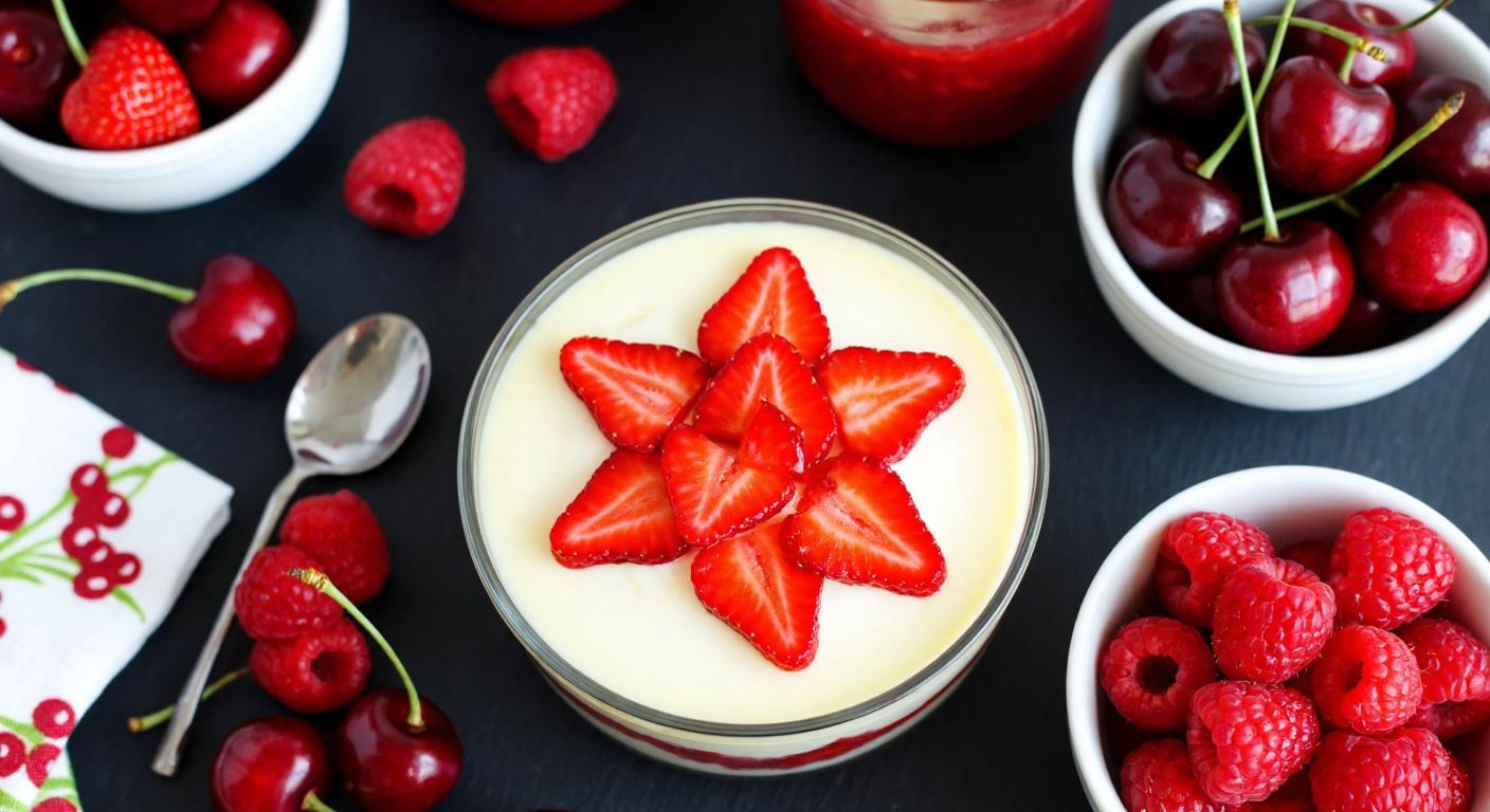 A vibrant Turkish dessert table featuring a creamy magnolia pudding topped with glossy strawberry jam and fresh strawberry slices, surrounded by bowls of cherries, raspberries, and pomegranate seeds.