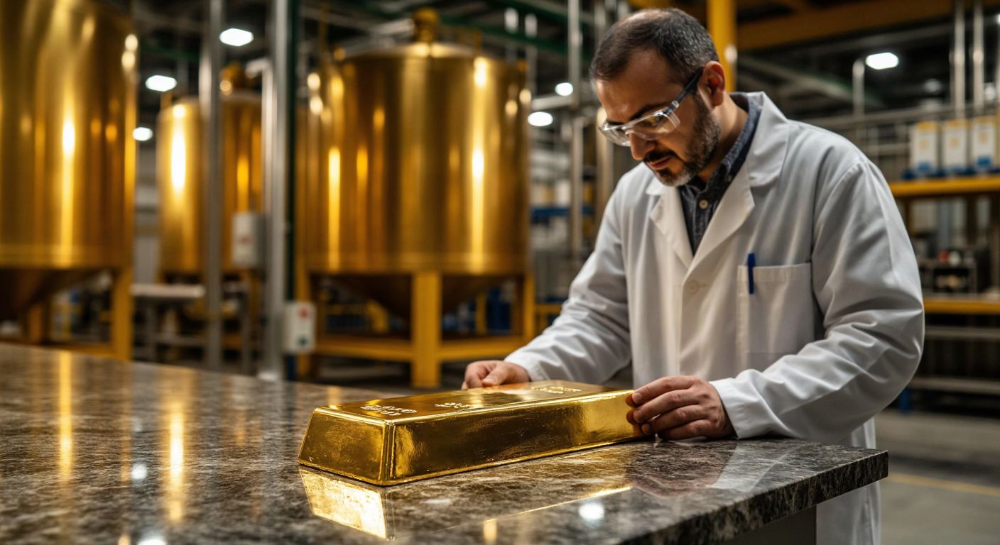 A gleaming gold bar resting on a polished marble surface inside a modern refinery, with a Turkish worker in a clean white lab coat carefully inspecting it under warm, industrial lighting.