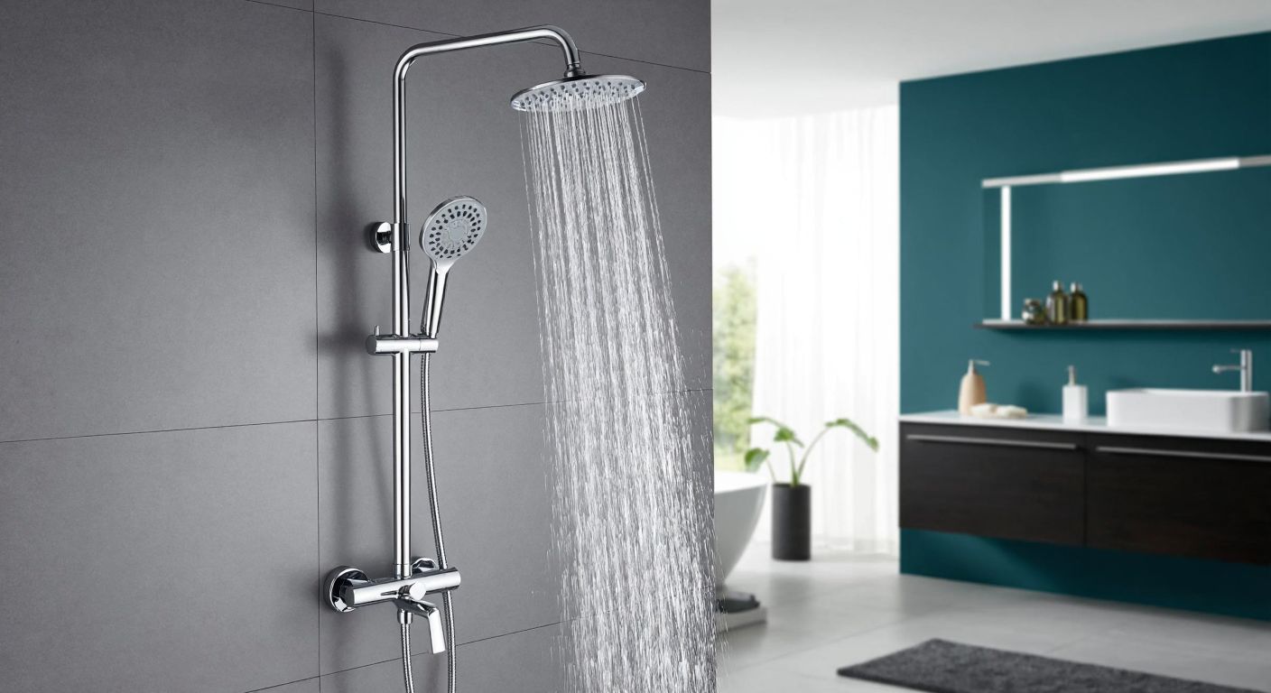 A modern bathroom with a sleek telescopic shower head mounted on a chrome column, adjusted to mid-height, spraying gentle water streams in a well-lit Turkish home setting.