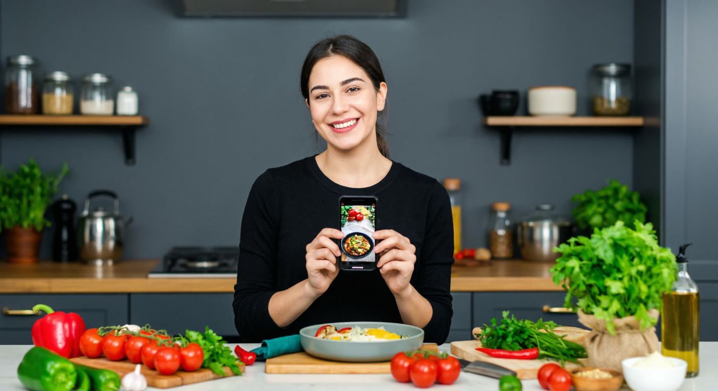 A smiling Turkish woman in a cozy kitchen holds a smartphone displaying a colorful dish while surrounded by fresh ingredients like tomatoes, peppers, and herbs.