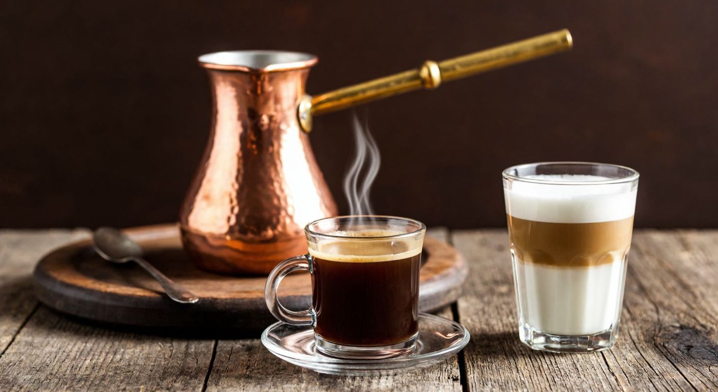 A steaming small glass cup of Turkish coffee placed on a rustic wooden table beside a traditional copper cezve, with a cortado in a clear glass showing layers of espresso and steamed milk nearby.