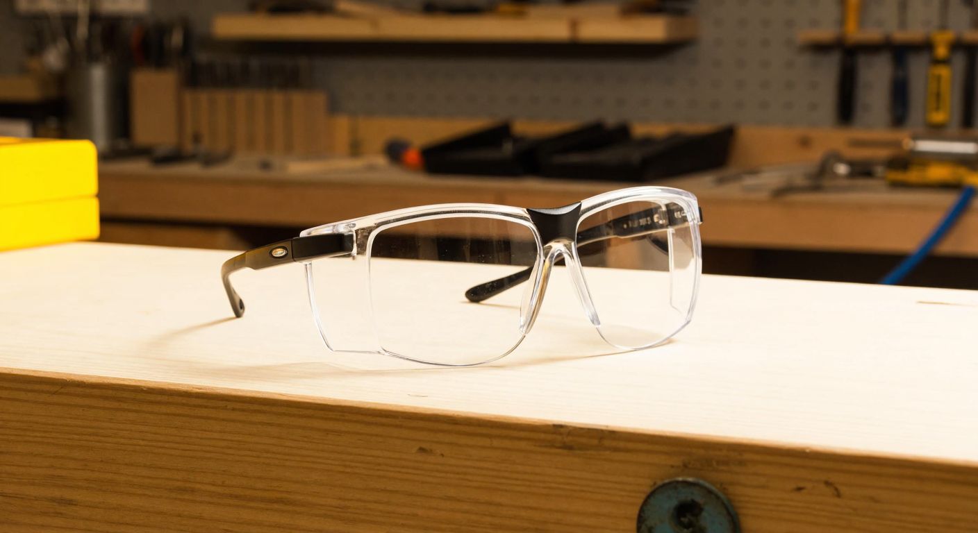 A pair of sleek, modern safety goggles with a transparent lens and sturdy black frame, resting on a wooden workbench in a sunlit Italian workshop with tools neatly arranged in the background.