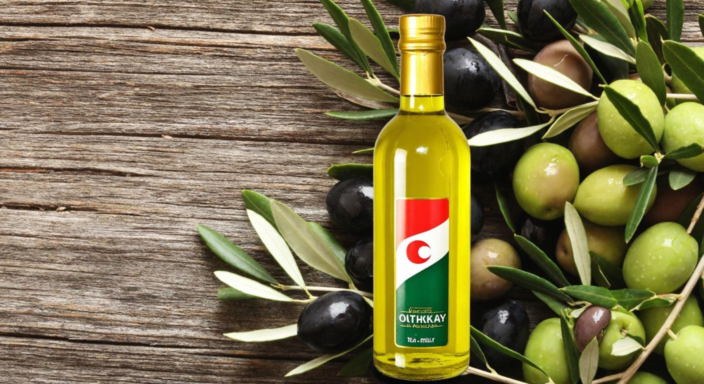 A golden bottle of olive oil with a Turkish flag label, placed on a rustic wooden table surrounded by fresh olives and olive branches, evoking warmth and tradition.