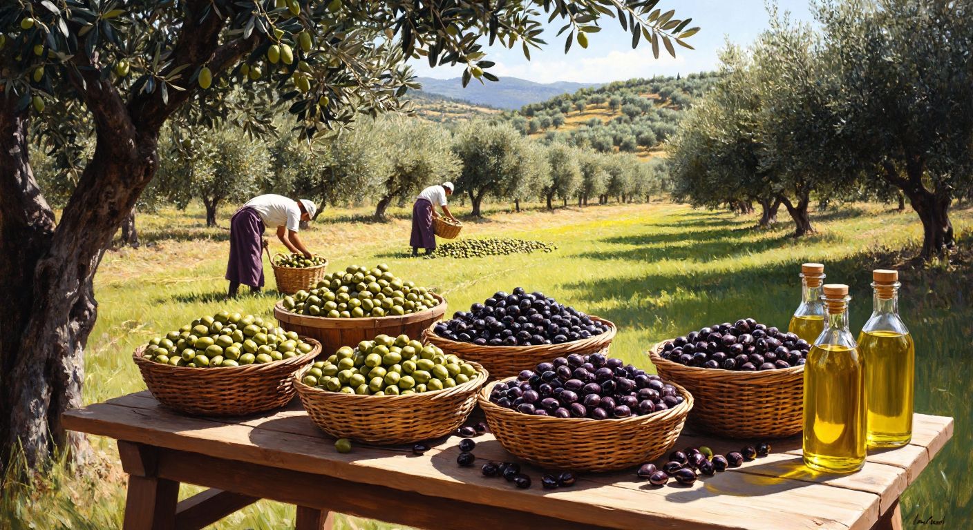 A sunlit olive grove in Turkey with workers harvesting ripe olives, baskets filled with green and black olives, and glass bottles of golden olive oil arranged on a wooden table nearby.