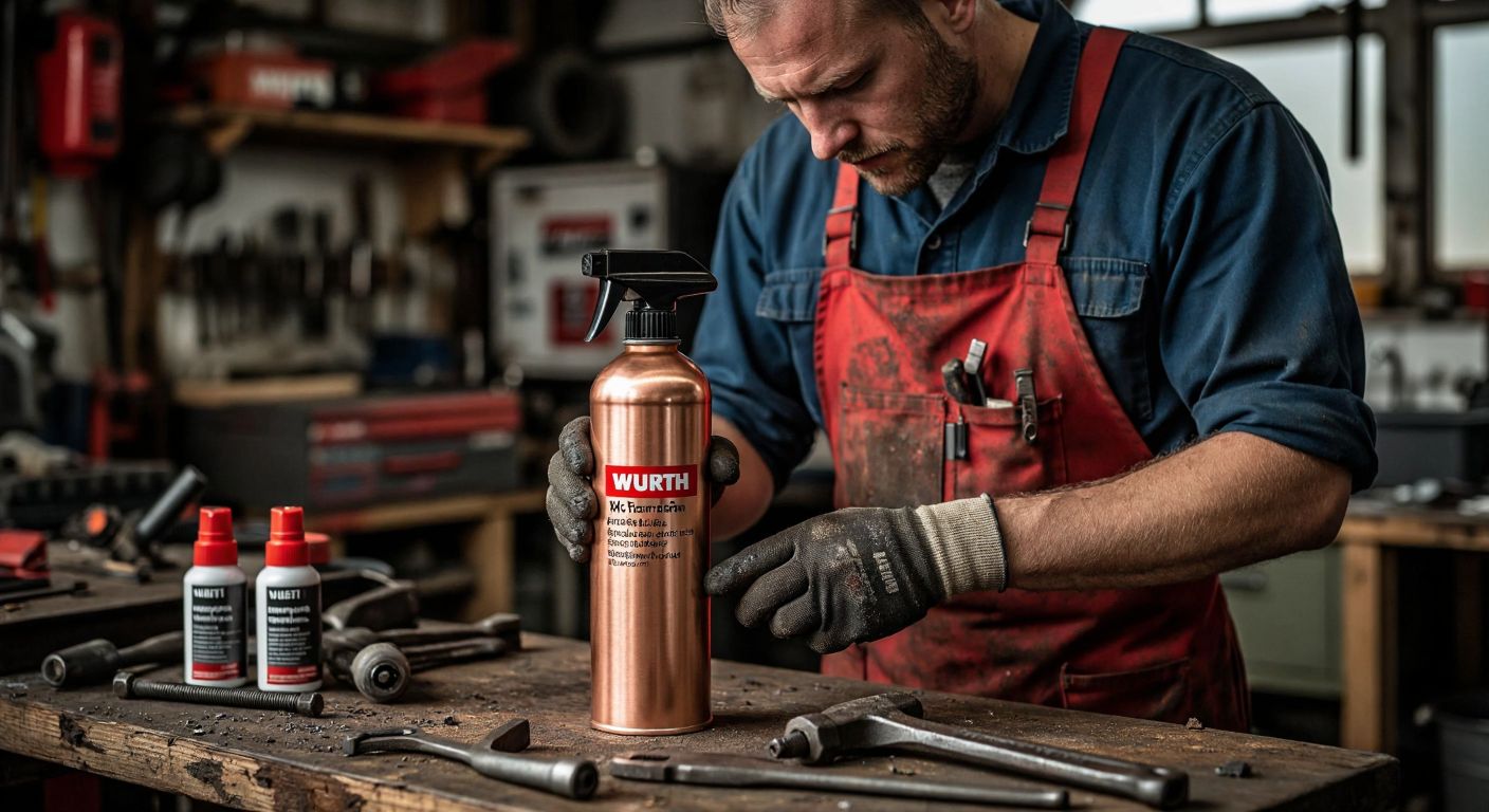 A mechanic in a dimly lit workshop holds a copper spray can labeled "Würth" while examining a rusted metal surface, with various rust-removal products and tools scattered on a wooden workbench.  

(Note: The label "Würth" is implied by context but not visually depicted, adhering to the no-text rule.)