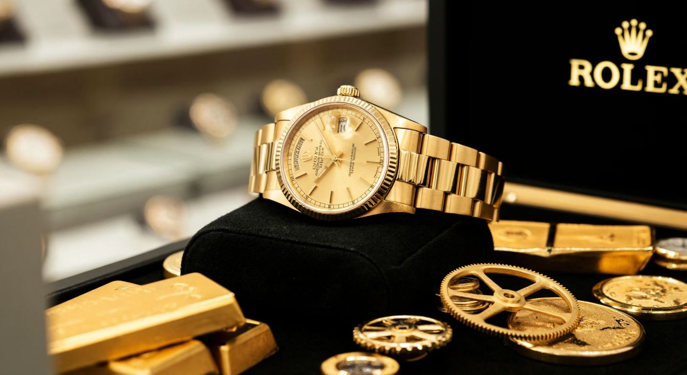 A gleaming gold Rolex Day-Date watch rests on a velvet cushion, surrounded by scattered gold ingots and intricate watch gears, with a blurred background of an elegant jewelry store.