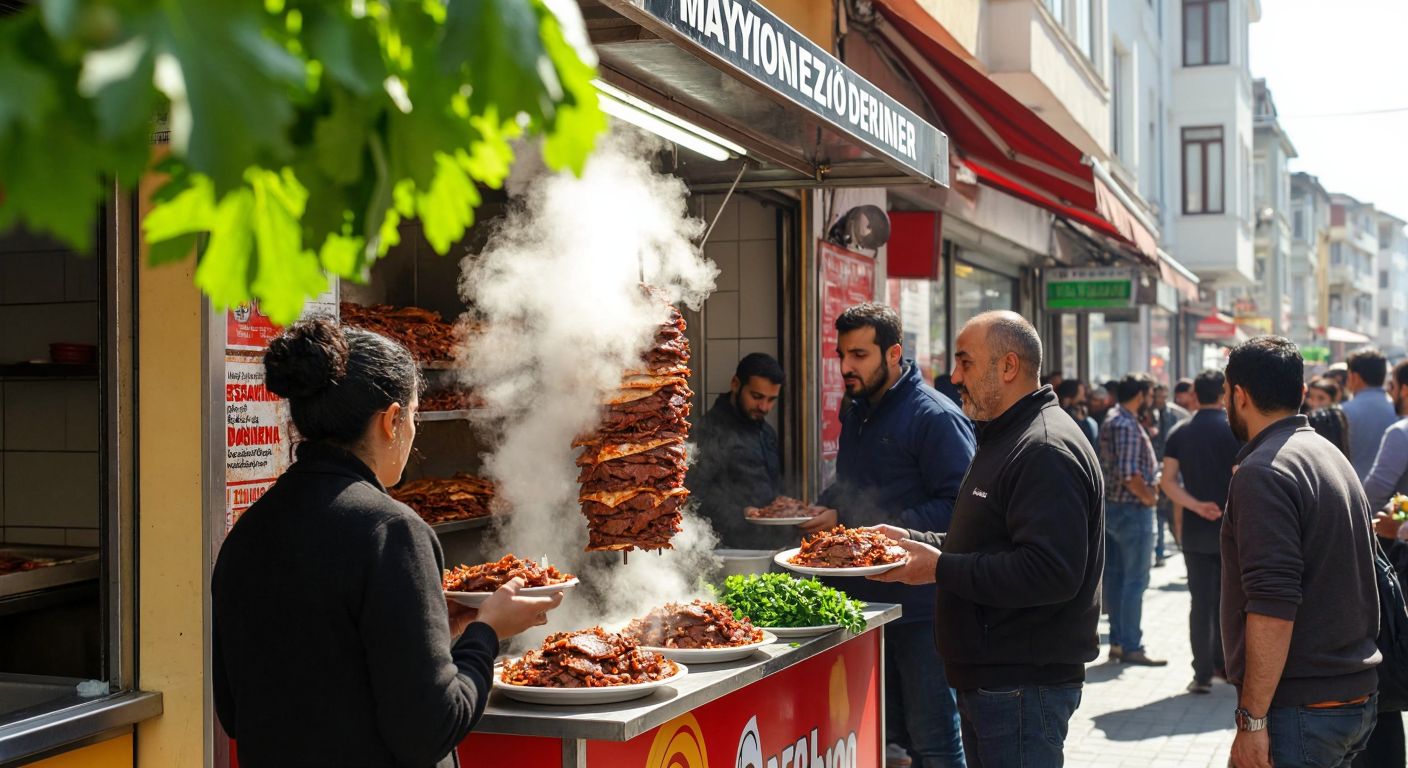 A vibrant street scene in Turkey with a bustling Maydonoz Döner stand, steam rising from rotating spiced meat, surrounded by eager customers of diverse backgrounds holding plates of döner with fresh herbs.