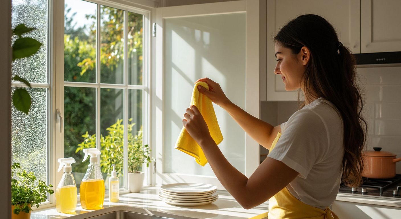 A Turkish woman in a bright, sunlit kitchen carefully wiping a sparkling glass cabinet door with a soft yellow microfiber cloth, surrounded by a spray bottle, vinegar solution, and a neatly arranged stack of dishes inside the cabinet.