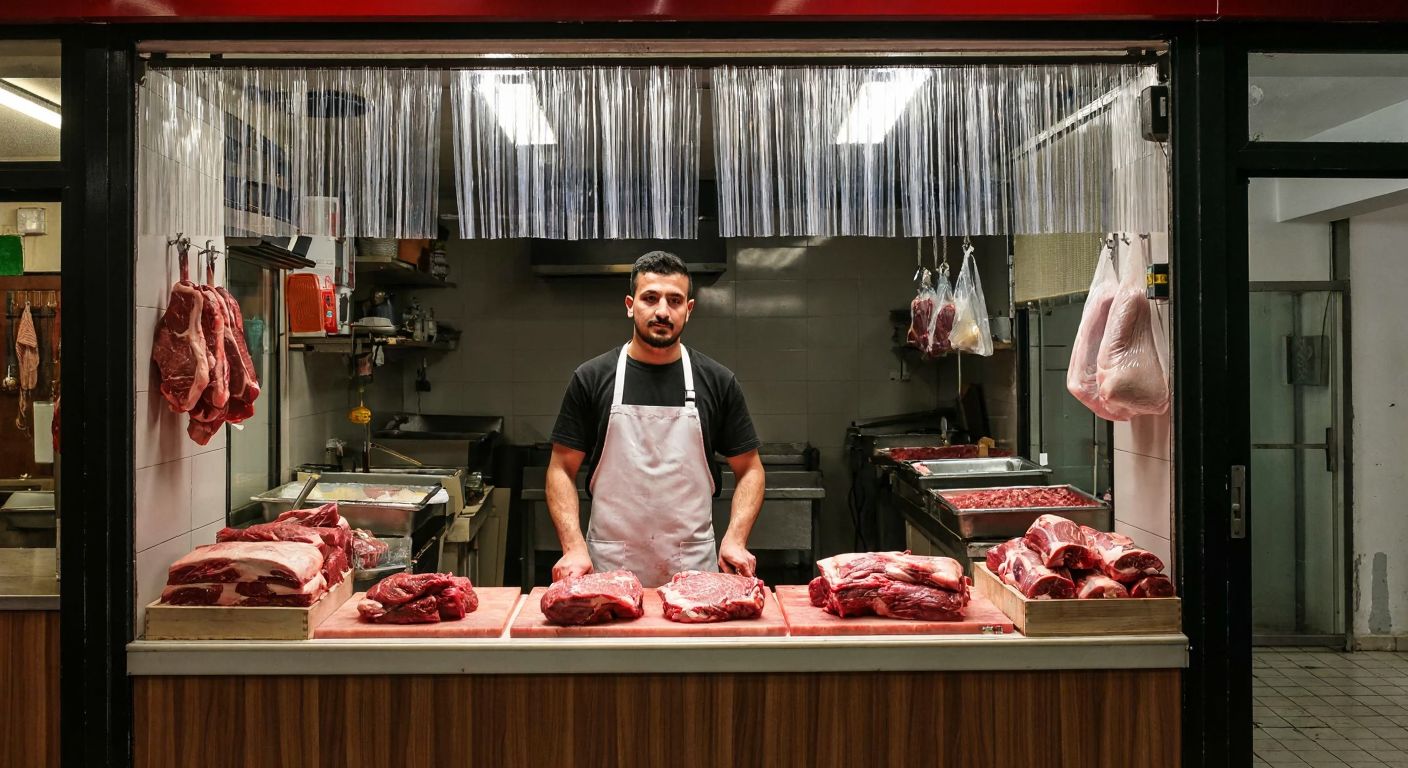 A butcher in a white apron stands behind a counter in a bustling Turkish butcher shop, with transparent PVC strip curtains hanging in the doorway separating the workspace from the customer area, while fresh cuts of meat are displayed on the counter.