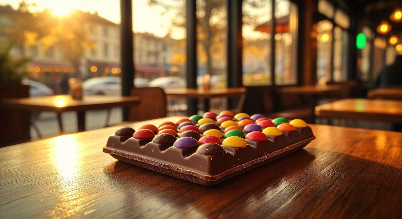 A colorful, glossy chocolate bar with embedded candy-coated chocolate pieces, resting on a wooden table in a Turkish café, with a warm golden light casting a cozy glow.