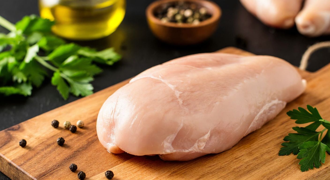 A plump, boneless chicken breast resting on a wooden cutting board in a Turkish kitchen, surrounded by fresh herbs and a drizzle of olive oil.