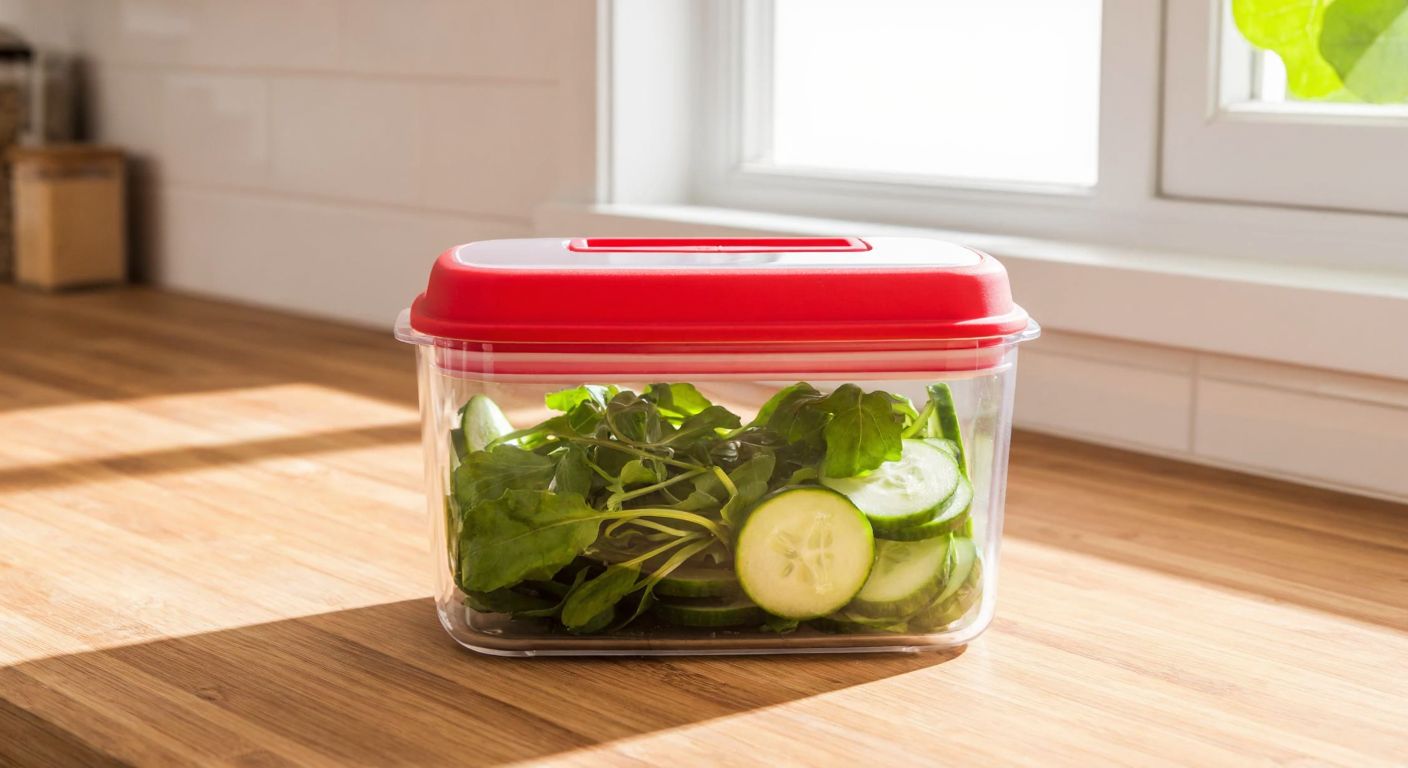 A clear plastic food storage container with a red airtight lid sits on a wooden kitchen counter, filled with fresh green herbs and sliced cucumbers, while sunlight streams through a nearby window.