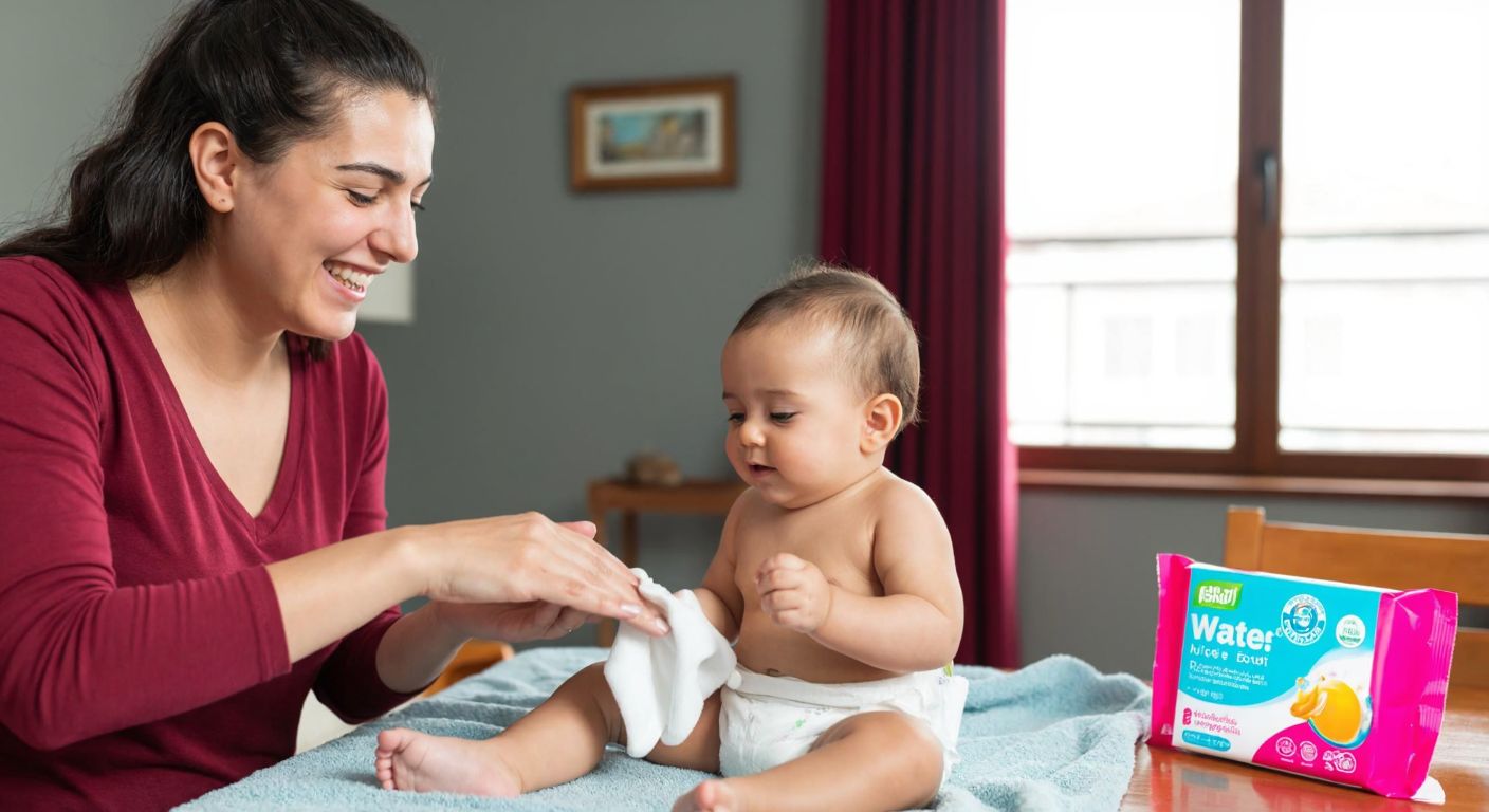 A smiling mother in a cozy Turkish home gently cleans her baby's hands with a soft, white Water Wipes cloth, while a colorful pack of the wipes sits on a wooden table nearby.