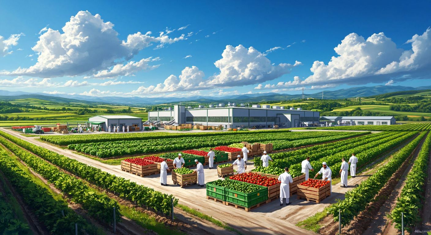 A sprawling modern food factory surrounded by green fields in Düzce, with workers in white uniforms unloading crates of fresh produce under a bright blue sky.