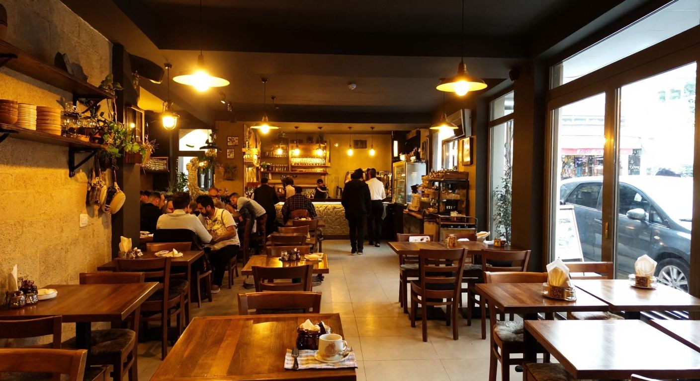 A cozy café in İzmir's Konak district with warm lighting, wooden tables, and a bustling atmosphere, surrounded by the aroma of Turkish coffee and fresh pastries.