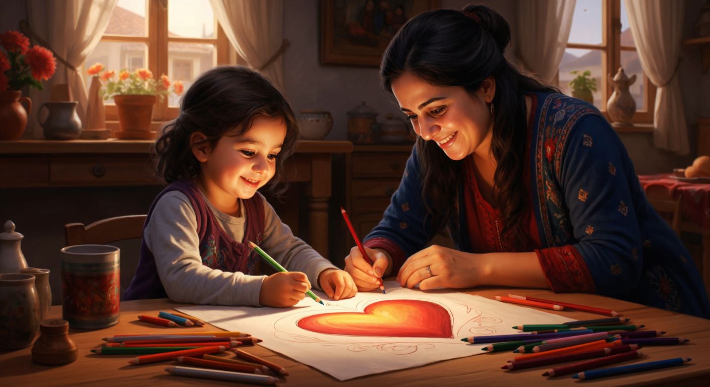A smiling child in a cozy Turkish home carefully colors a heart-shaped drawing with bright crayons, while a warm-faced aunt watches affectionately from beside them.