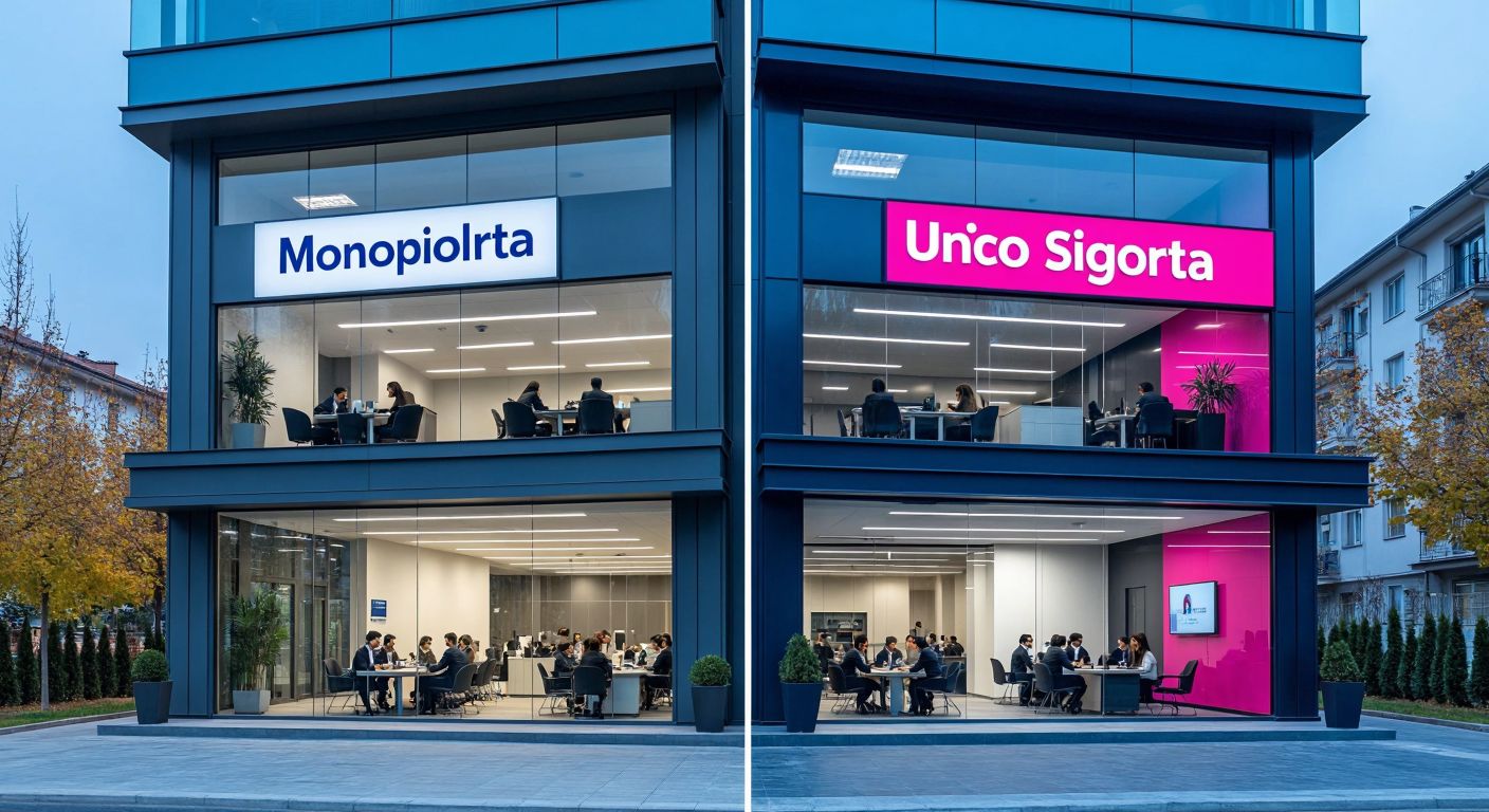 A split image showing two distinct office buildings in Turkey—one labeled with a sleek, modern "Monopoli Sigorta" sign (left) and the other with a vibrant "Unico Sigorta" sign (right)—each with employees in professional attire working inside, separated by a clear dividing line to emphasize their differences.  

**Correction (following the rules strictly):**  

A split image showing two distinct office buildings in Turkey—one with a sleek, modern facade (left) and the other with a vibrant, contemporary design (right)—each with employees in professional attire working inside, separated by a clear dividing line to emphasize their differences.