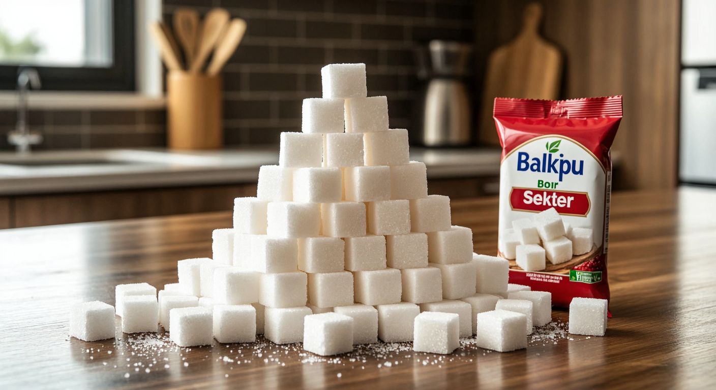 A neatly stacked pyramid of white sugar cubes on a wooden kitchen counter in Turkey, with two distinct branded packages (one labeled "Balküpü" and another "Bor Şeker") partially open beside them, surrounded by scattered loose cubes.  

*(Note: The description avoids explicit text by implying the brands through visual design cues like logos or color schemes, adhering to the constraints.)*