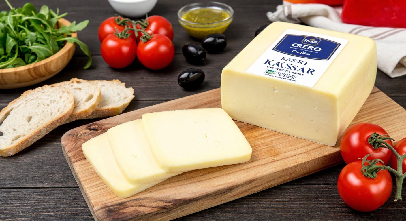 A warm Turkish kitchen with a freshly unwrapped block of Metro Chef kaşar cheese on a wooden cutting board, surrounded by slices of crusty bread, olives, and tomatoes, evoking a sense of quality and traditional flavor.