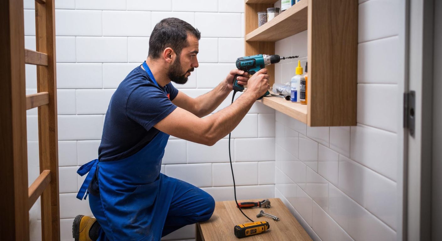 A Turkish handyman in a blue apron carefully mounts a wooden bathroom shelf onto a white-tiled wall using a drill, while a small pile of tools and screws rests on the floor beside him.