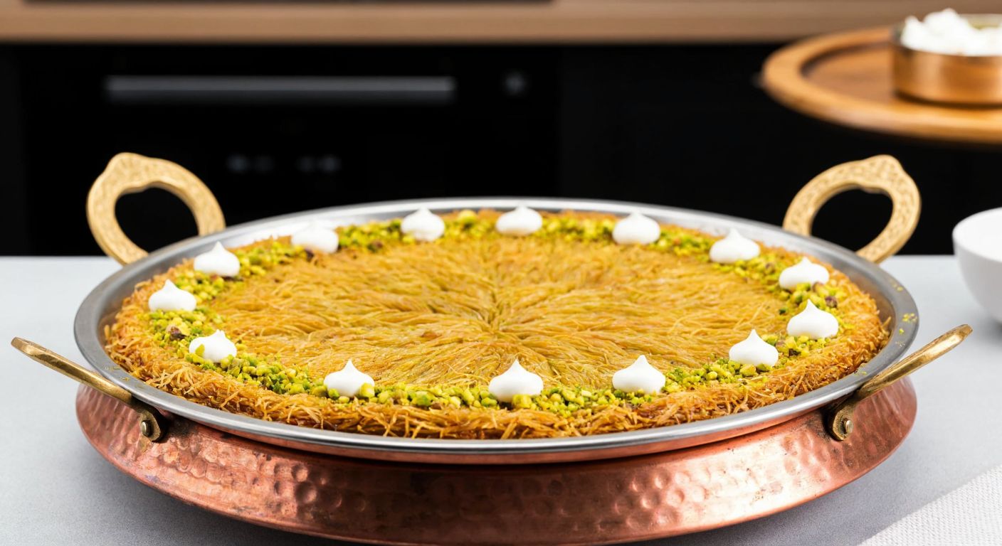 A golden-brown tray of freshly baked Antep fıstıklı kadayıf, layered with shredded pastry and crushed pistachios, drizzled with syrup and garnished with clotted cream, resting on a traditional Turkish copper tray with a warm kitchen backdrop.