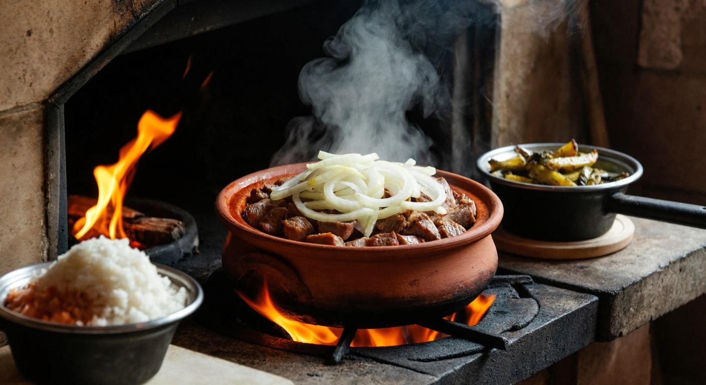 A rustic Turkish kitchen with a clay pot (tas) filled with layered meat and onions, topped with a heavy stone, simmering over a low flame on a traditional stove, steam rising gently.