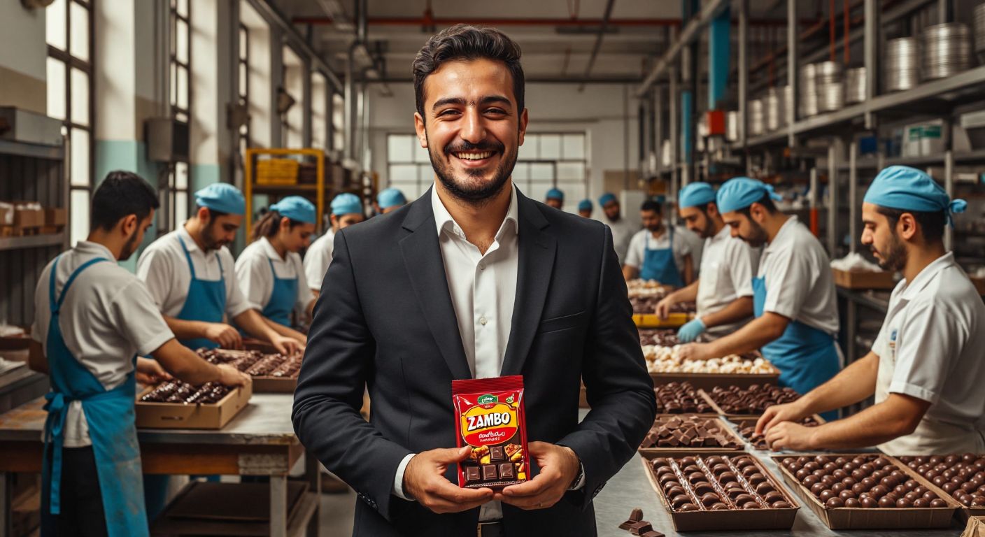 A cheerful Turkish businessman in a crisp suit proudly holding a package of Zambo chocolate against a backdrop of a bustling Istanbul factory with workers packaging sweets.