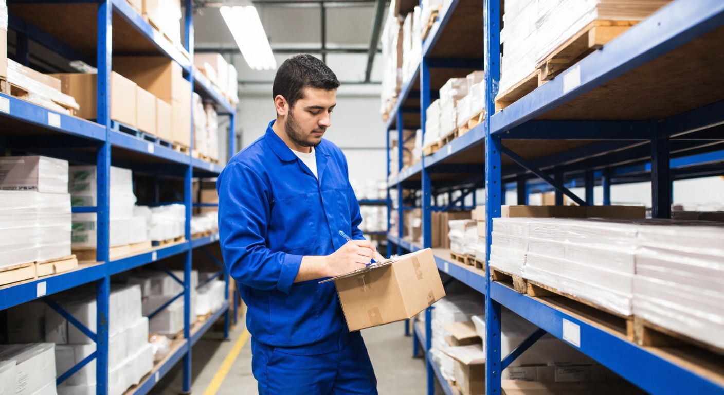 A Turkish factory worker in a blue uniform carefully organizes labeled boxes on a well-lit warehouse shelf, with a clipboard nearby and a conveyor belt in the background carrying neatly arranged raw materials.