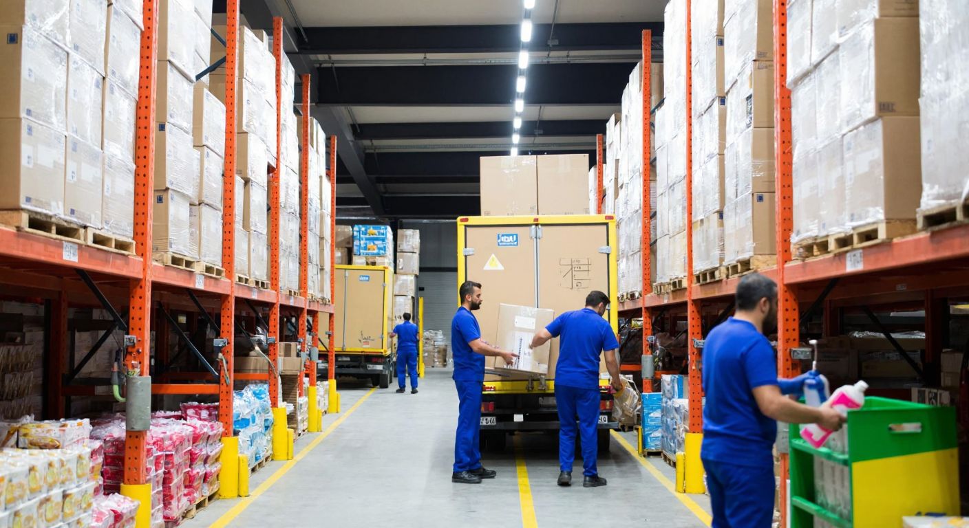 A bustling Turkish warehouse with neatly stacked boxes of food, cleaning supplies, and cosmetics, workers in blue uniforms loading delivery trucks under bright fluorescent lights.